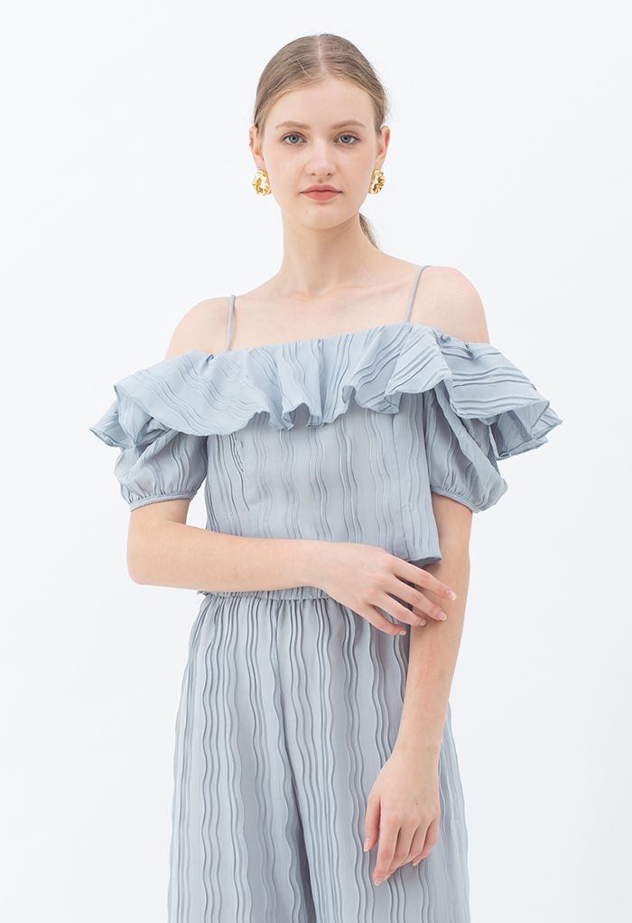 Ripple Pleated Cold-Shoulder Crop Top in Dusty Blue