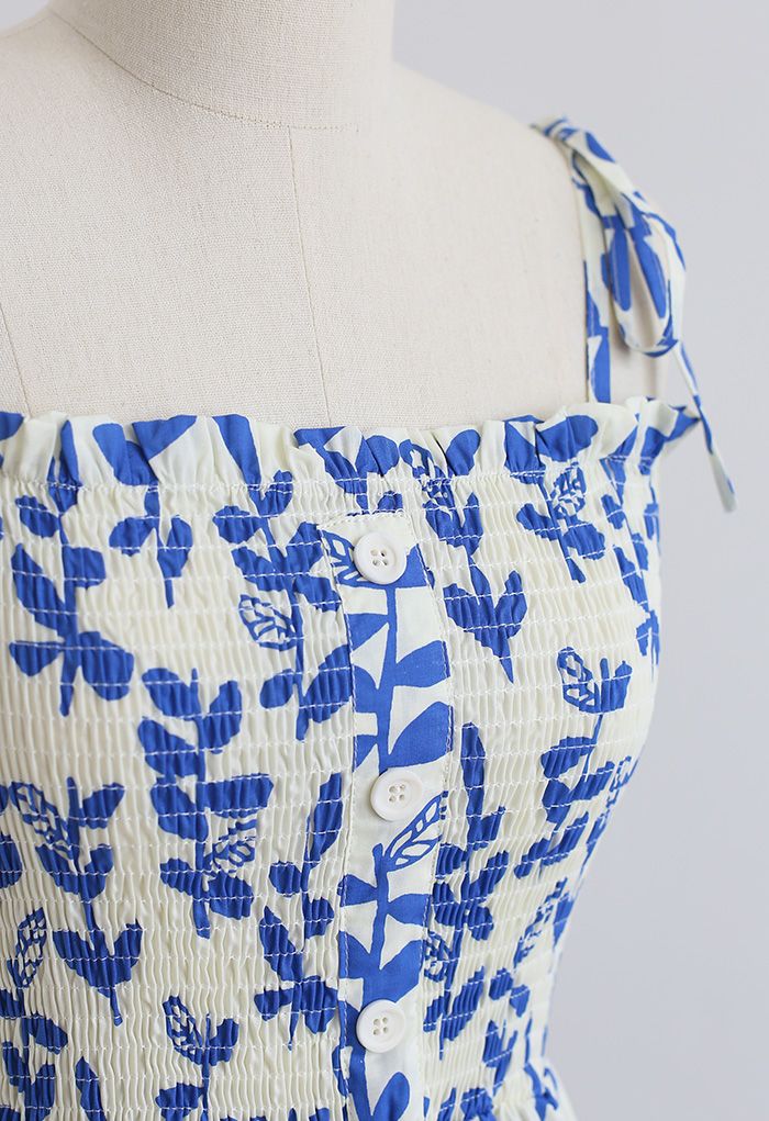 Tie Shoulder Floral Shirred Midi Dress in Blue