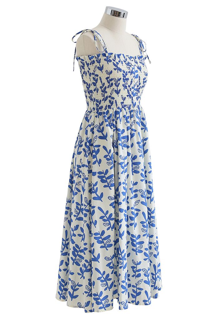 Tie Shoulder Floral Shirred Midi Dress in Blue - Retro, Indie and ...