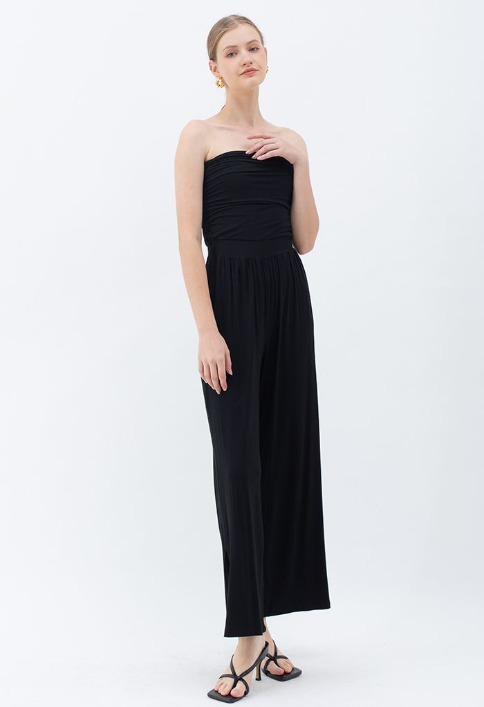 Ruched Front Soft Touch Slit Jumpsuit in Black