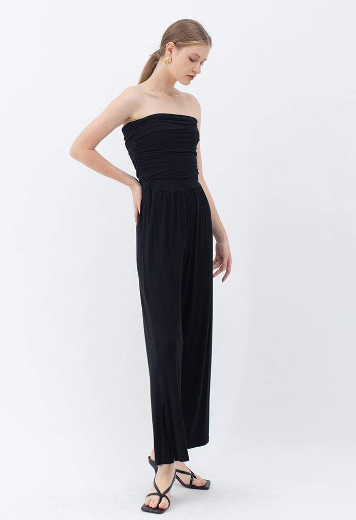 Ruched Front Soft Touch Slit Jumpsuit in Black