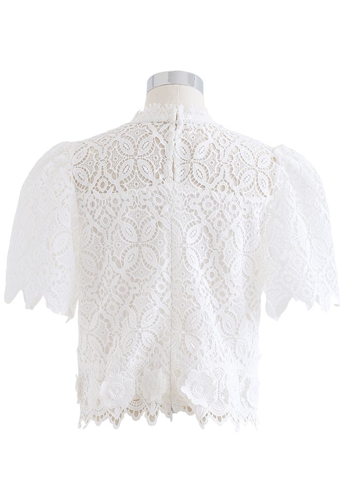 3D Flower Full Crochet Crop Top in White