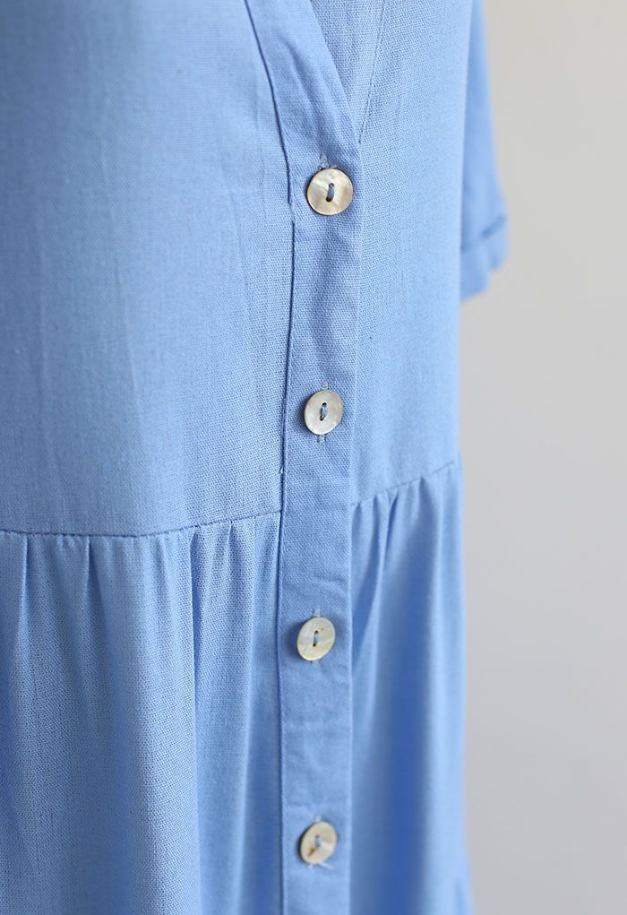 Collar V-neck Button Down Midi Dress in Blue