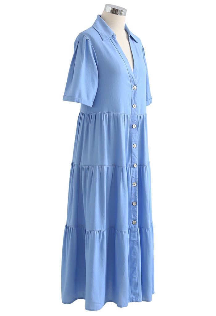 Collar V-neck Button Down Midi Dress in Blue