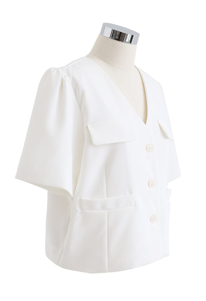 Button Down Short Sleeve Cropped Blazer in White