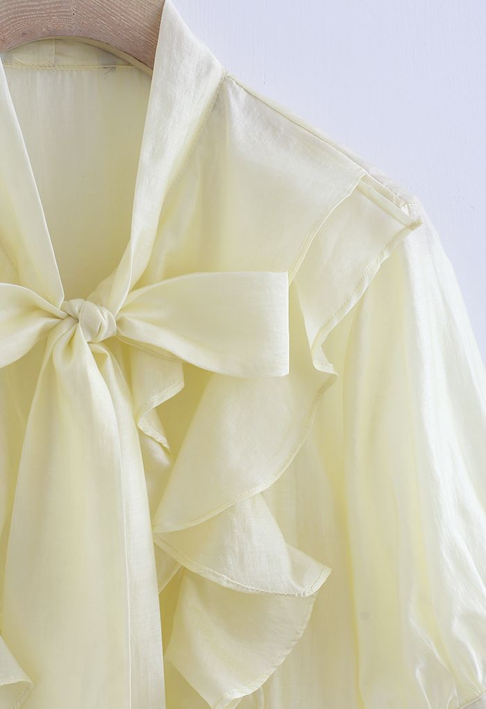 Flowy Ruffle Bow Neck Mid Sleeve Shirt in Yellow