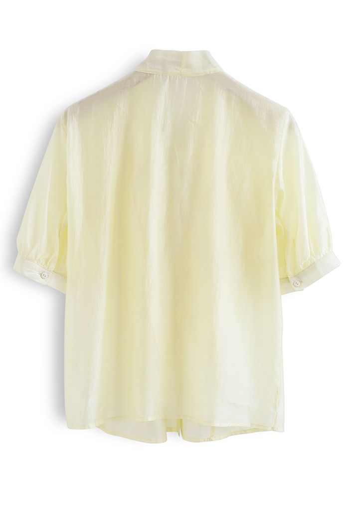 Flowy Ruffle Bow Neck Mid Sleeve Shirt in Yellow
