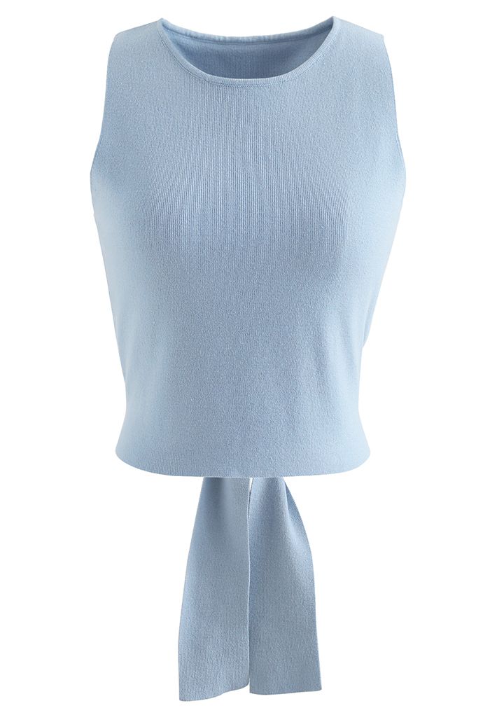 Bowknot Wrap Back Sleeveless Crop Knit Top in Blue