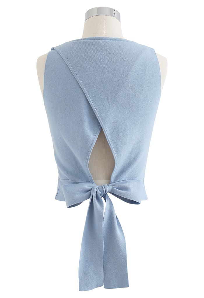Bowknot Wrap Back Sleeveless Crop Knit Top in Blue