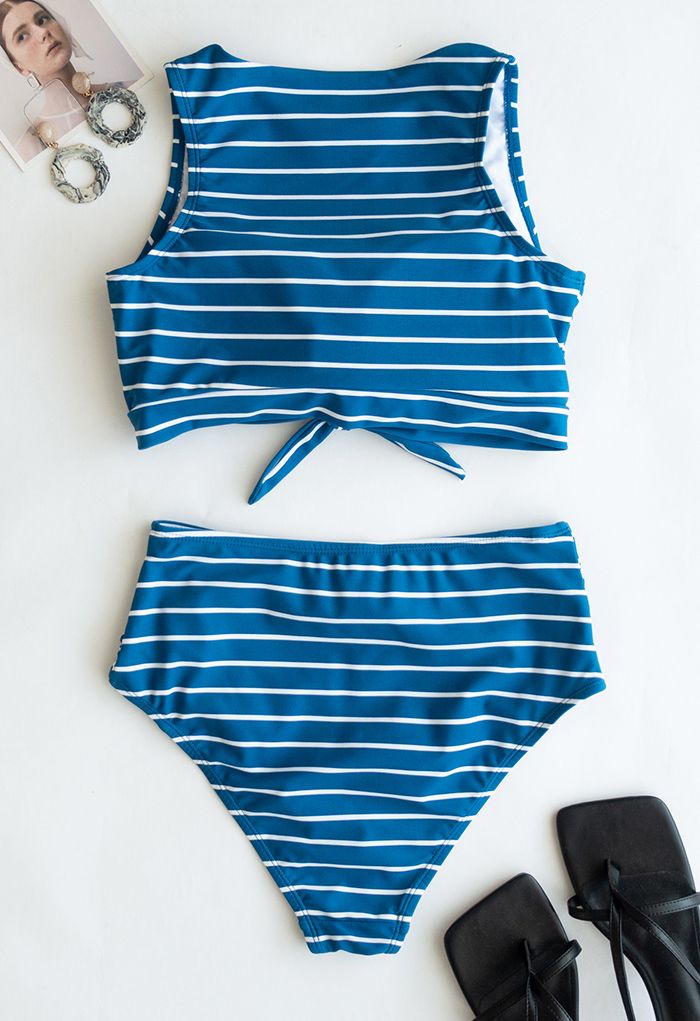 striped knot hem high waisted bikini swimsuit