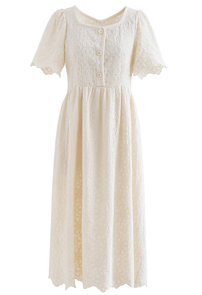 Full Flower Embroidered Button Scalloped Dress in Cream
