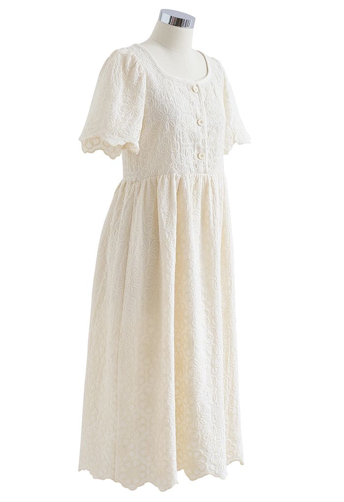 Full Flower Embroidered Button Scalloped Dress in Cream
