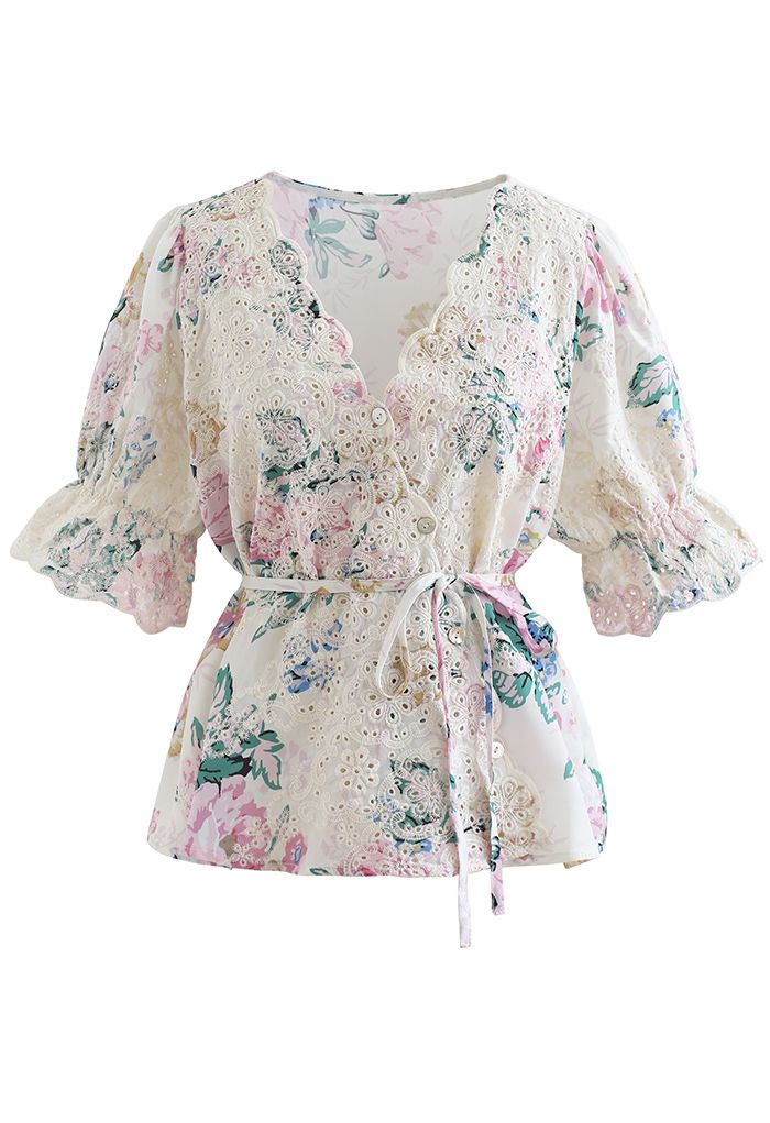 Buttoned Surplice Neck Embroidered Floral Top in Ivory