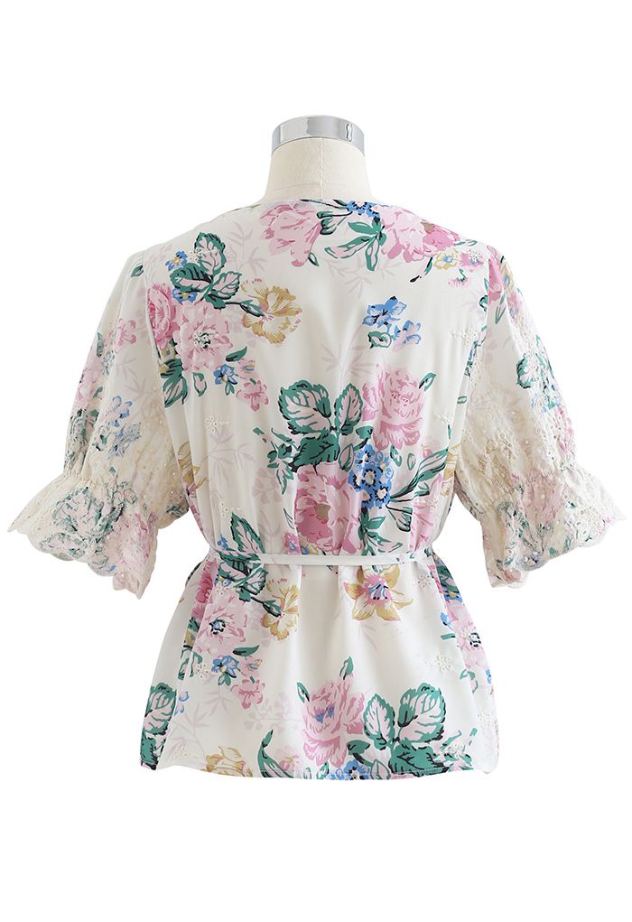 Buttoned Surplice Neck Embroidered Floral Top in Ivory