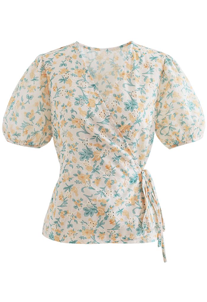 Self-Tie Yellow Floral Broderie Anglaise Wrap Top