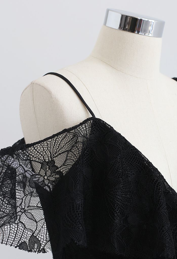 Cold-Shoulder Full Lace Frilling Dress in Black