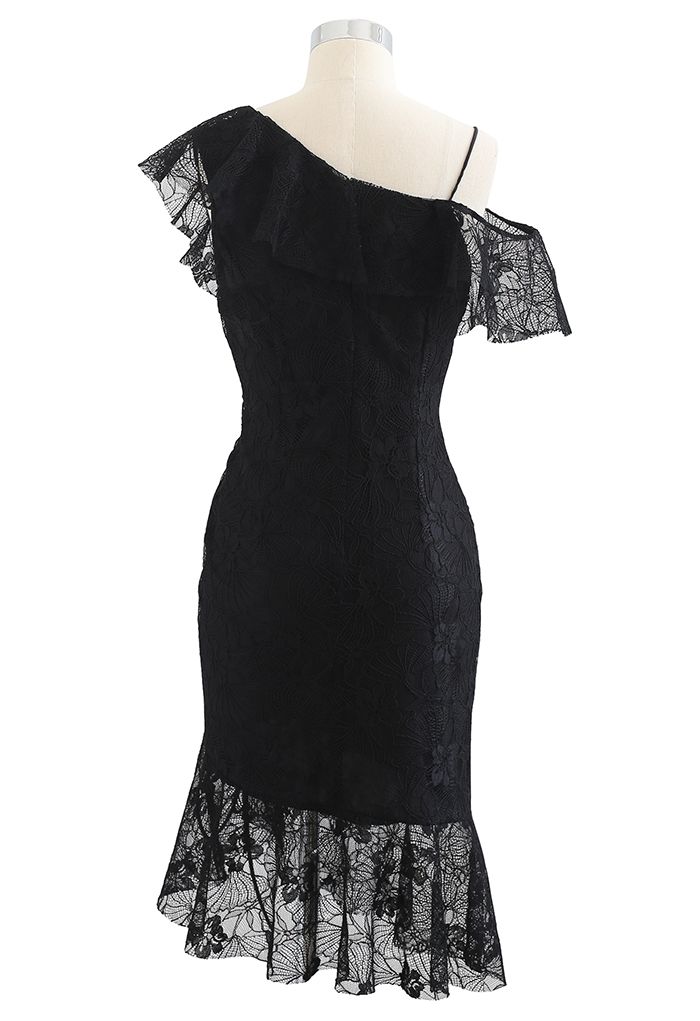 Cold-Shoulder Full Lace Frilling Dress in Black