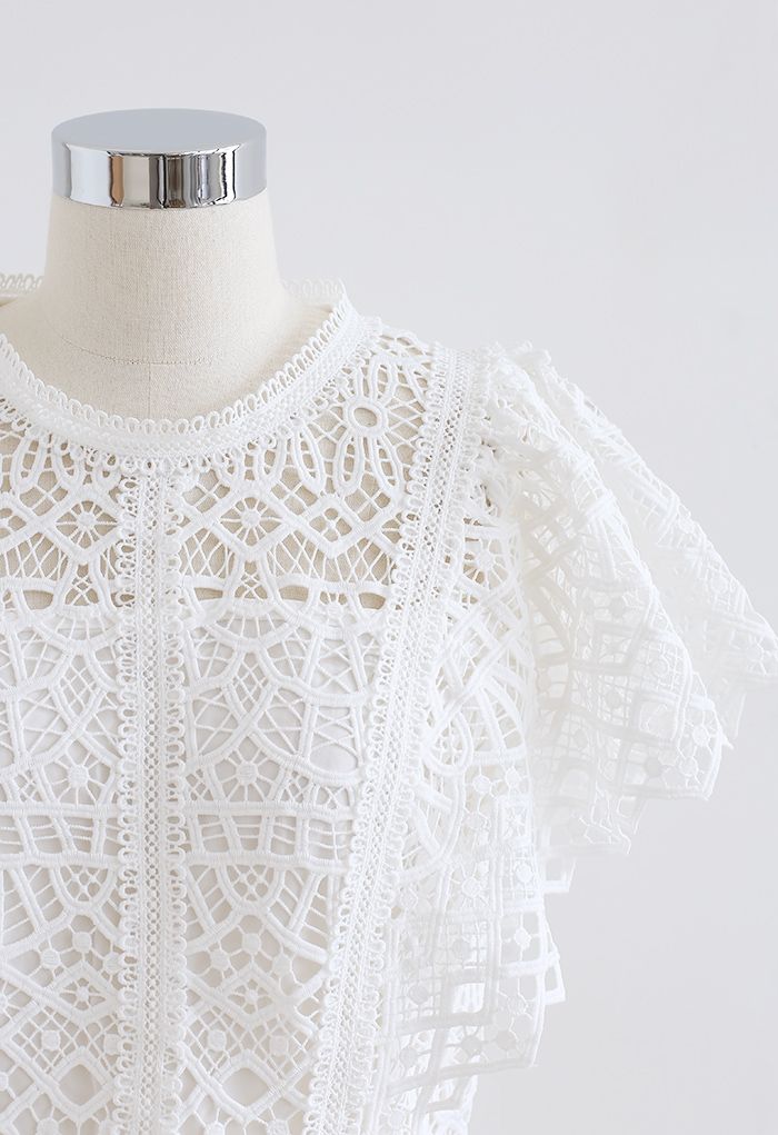 Ruffle Sleeves Full Crochet Crop Top in White - Retro, Indie and Unique ...