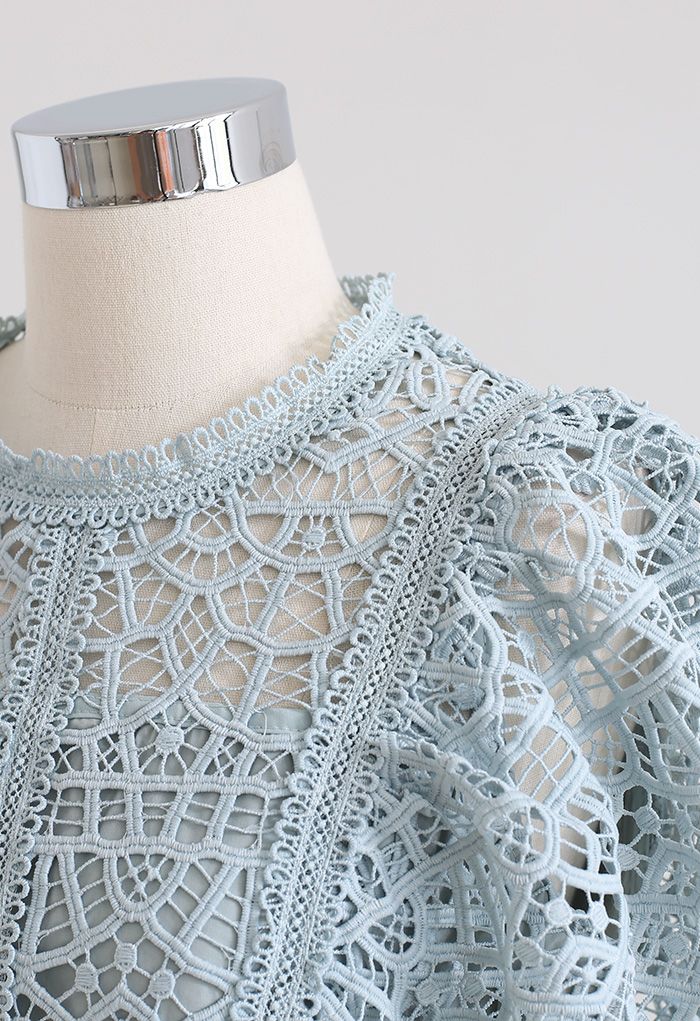 Ruffle Sleeves Full Crochet Crop Top in Dusty Blue