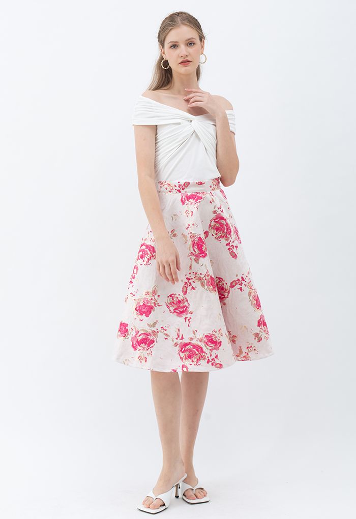 Reddish Rose Jacquard A-Line Midi Skirt