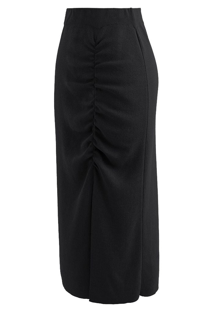 Ruched Front Slit Knit Pencil Skirt in Black