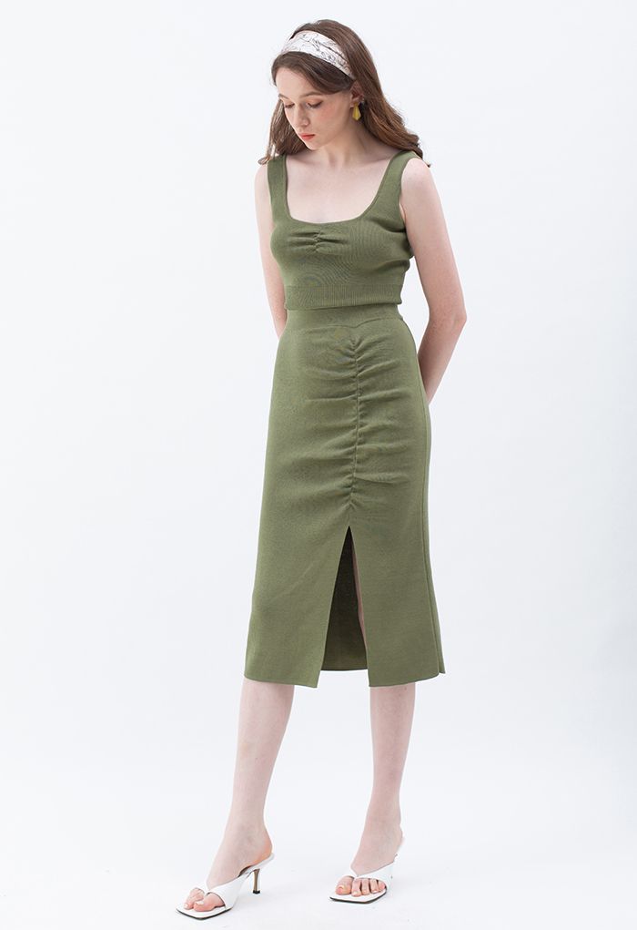 Ruched Front Slit Knit Pencil Skirt in Army Green