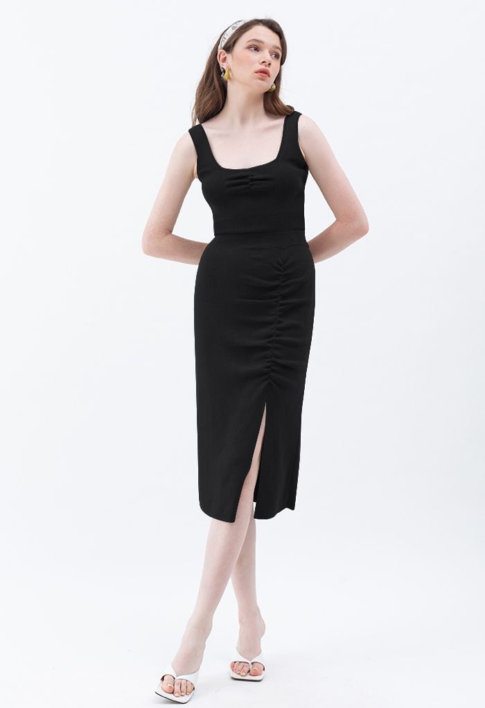 Ruched Front Slit Knit Pencil Skirt in Black