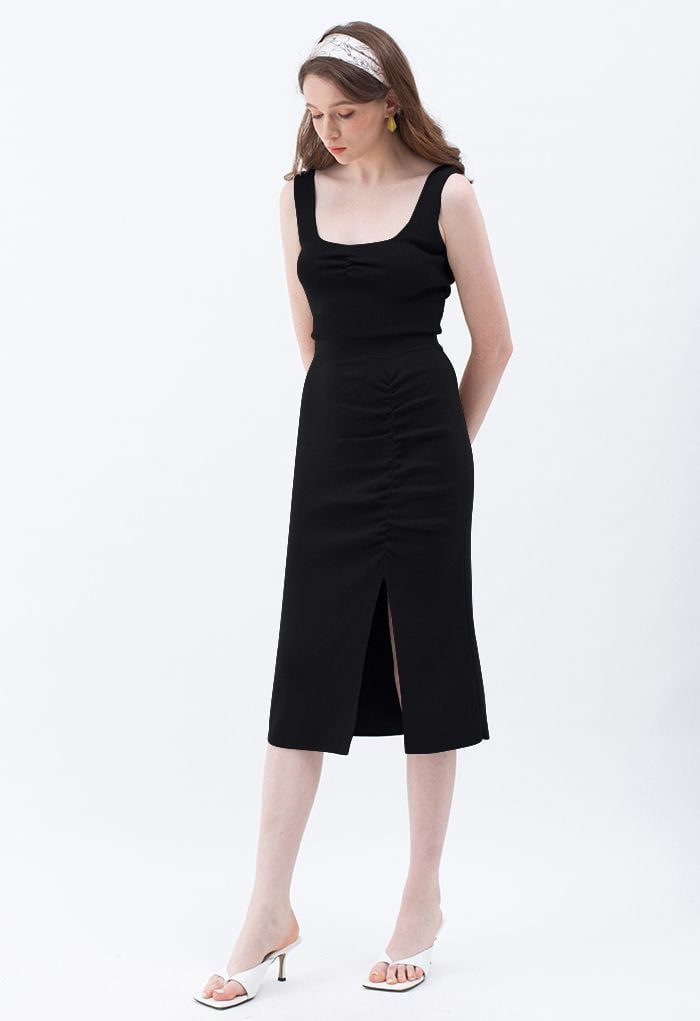 Ruched Front Slit Knit Pencil Skirt in Black