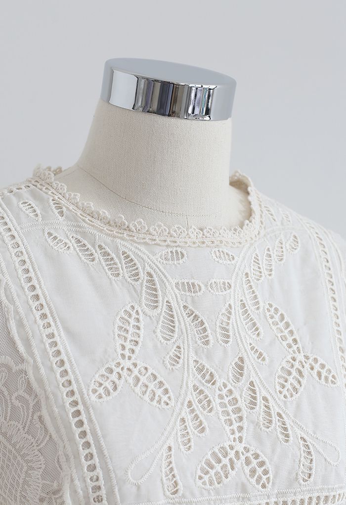 Short Sleeve Embroidered Mesh Midi Dress