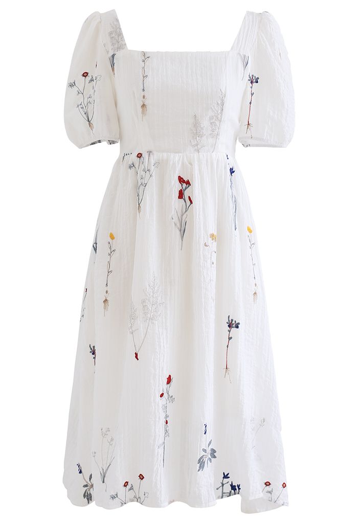 Bouquet Embroidered Tie Back Square Neck Dress