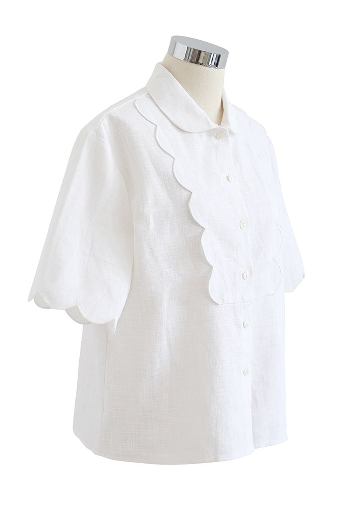 Scallop Embroidered Trimming Linen-Blend Shirt