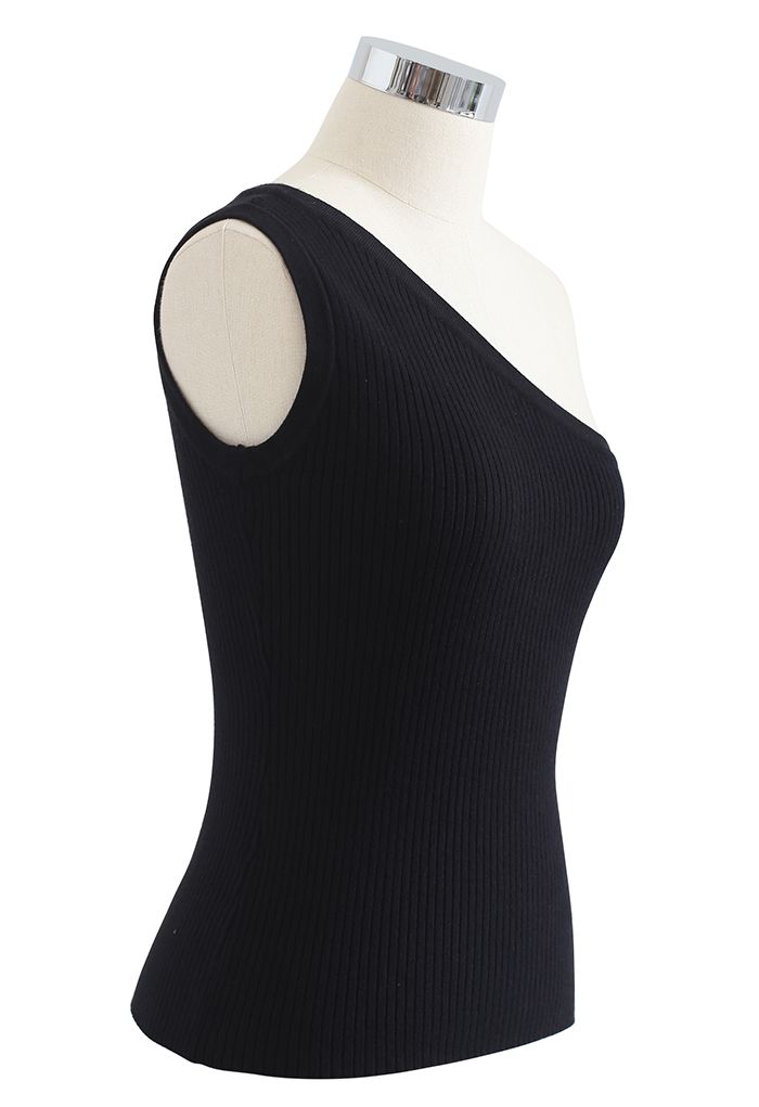 One-Shoulder Strappy Fitted Knit Top in Black