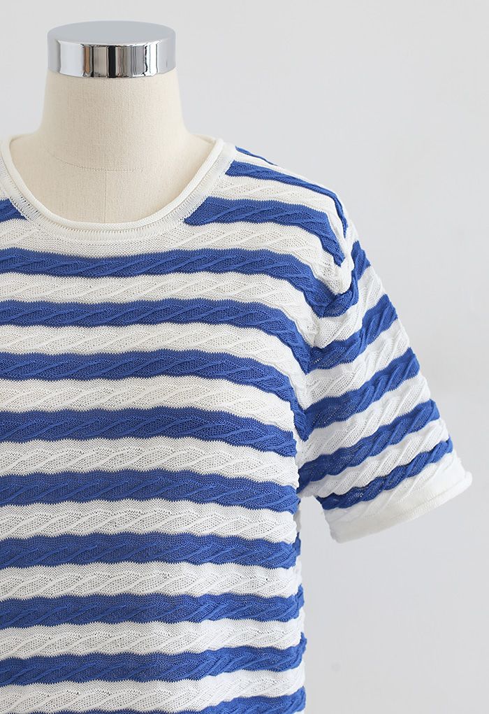 Contrasted Stripe Embossed Knit Top in Blue