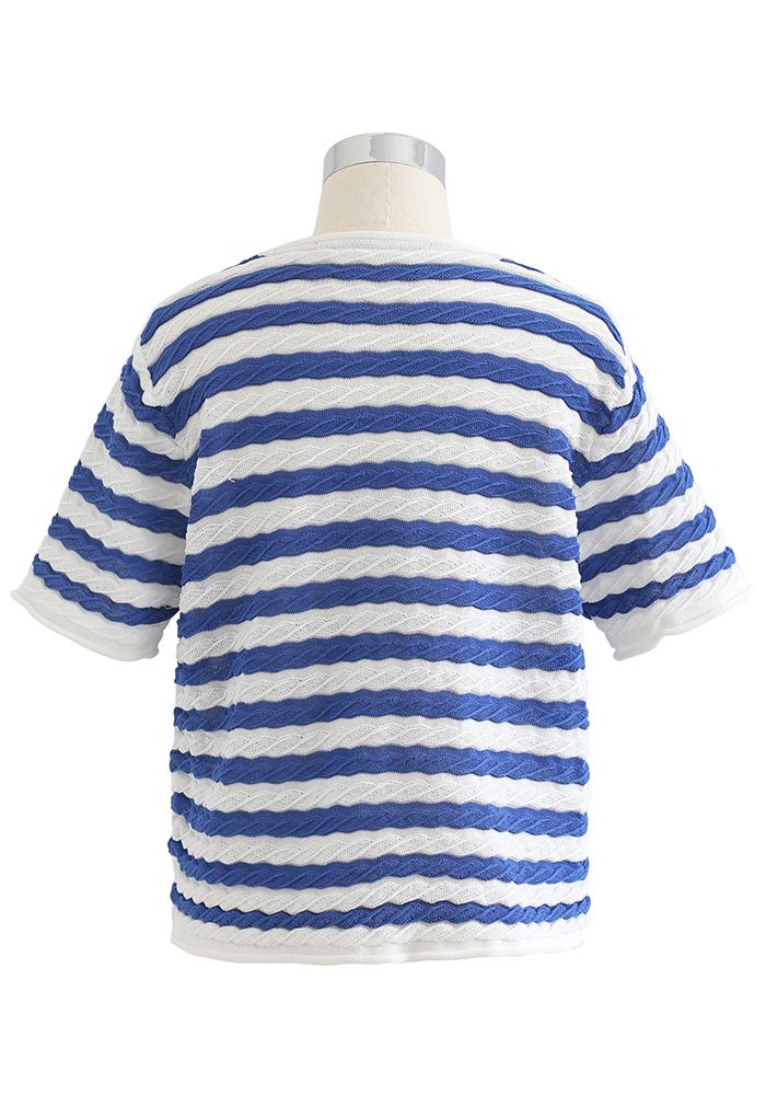 Contrasted Stripe Embossed Knit Top in Blue