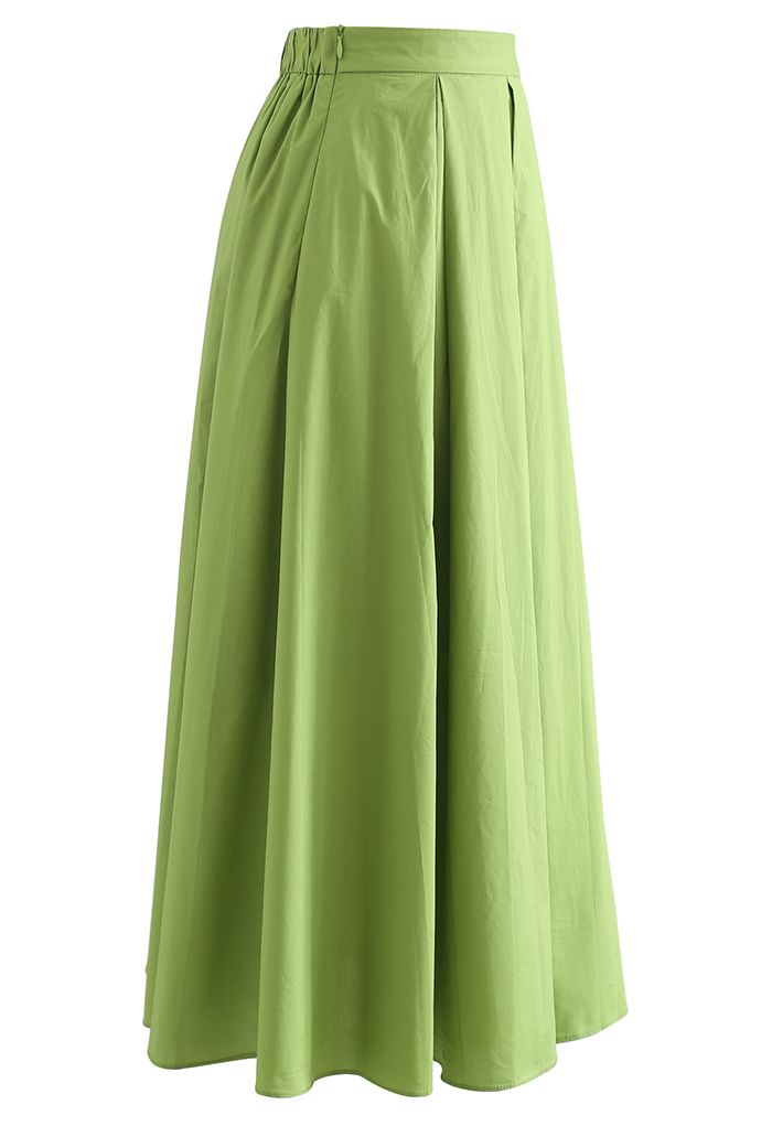 Box Pleated High Waist A-Line Midi Skirt in Green