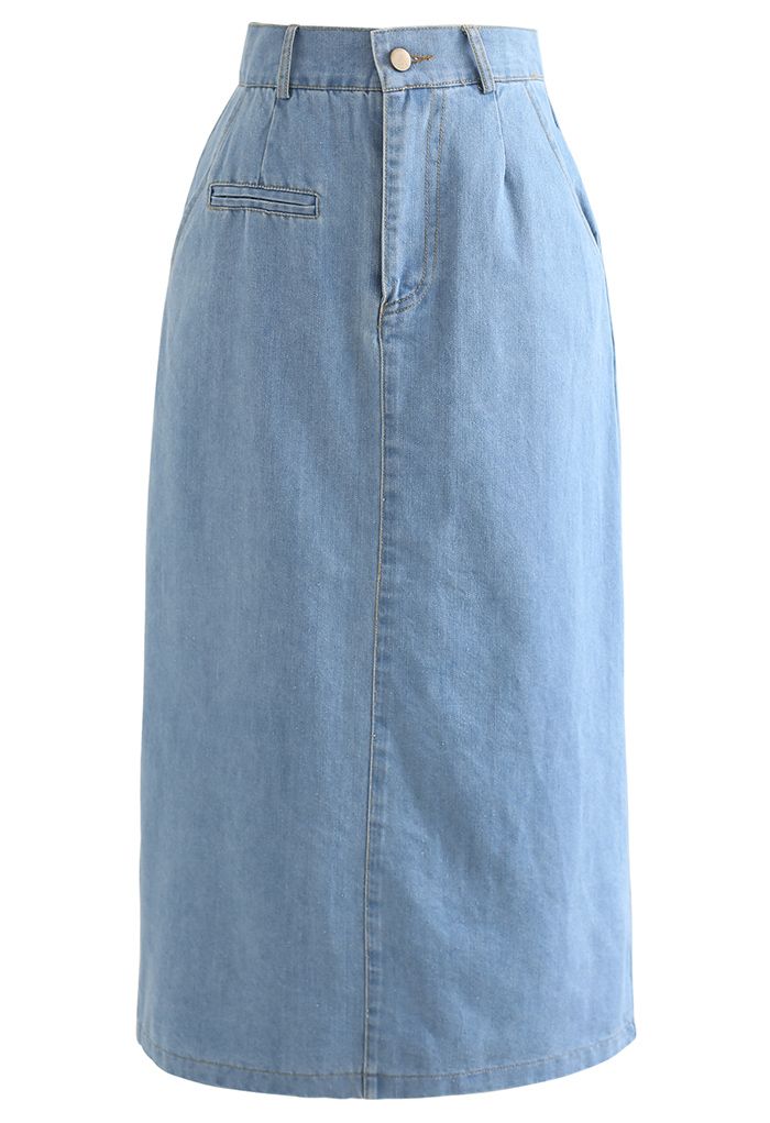 Back Slit Pocket Washed Denim Midi Skirt