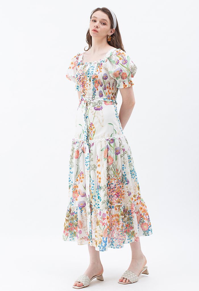Exuberant Flower Land Printed Top and Buttoned Maxi Skirt Set