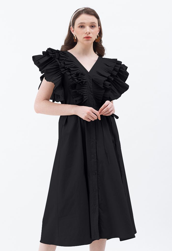 Pleated Ruffle Buttoned V-Neck Self-Tie Maxi Dress in Black