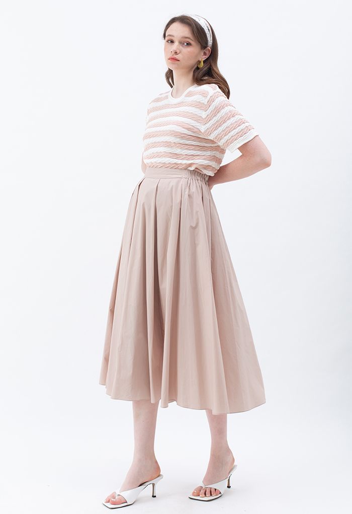 Contrasted Stripe Embossed Knit Top in Peach