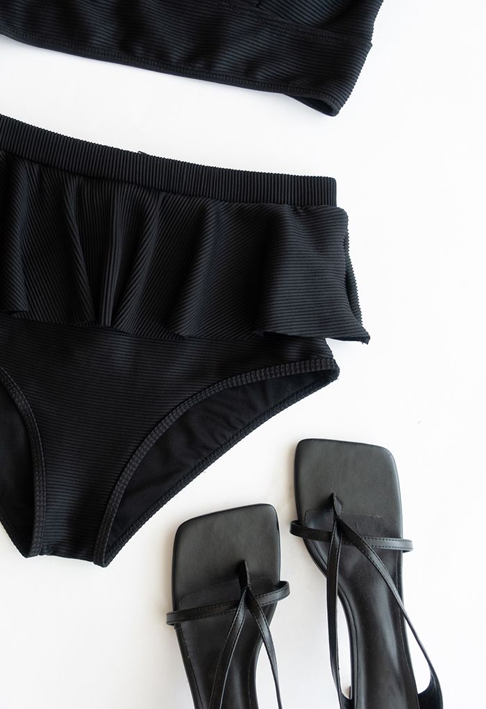 Zippered Back Ruffle Bikini Set in Black