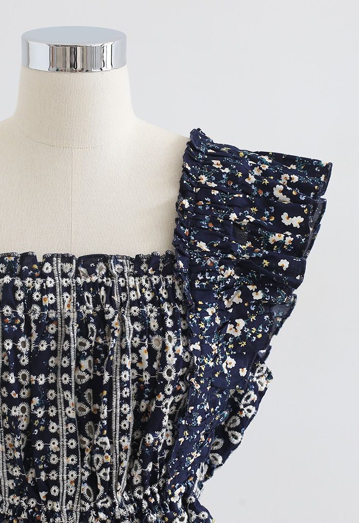 Floret Print Ruffle Embroidered Sleeveless Top in Navy