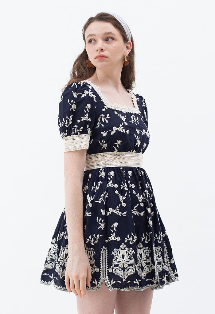 Cutie Daisy Embroidered Square Neck Mini Dress in Navy