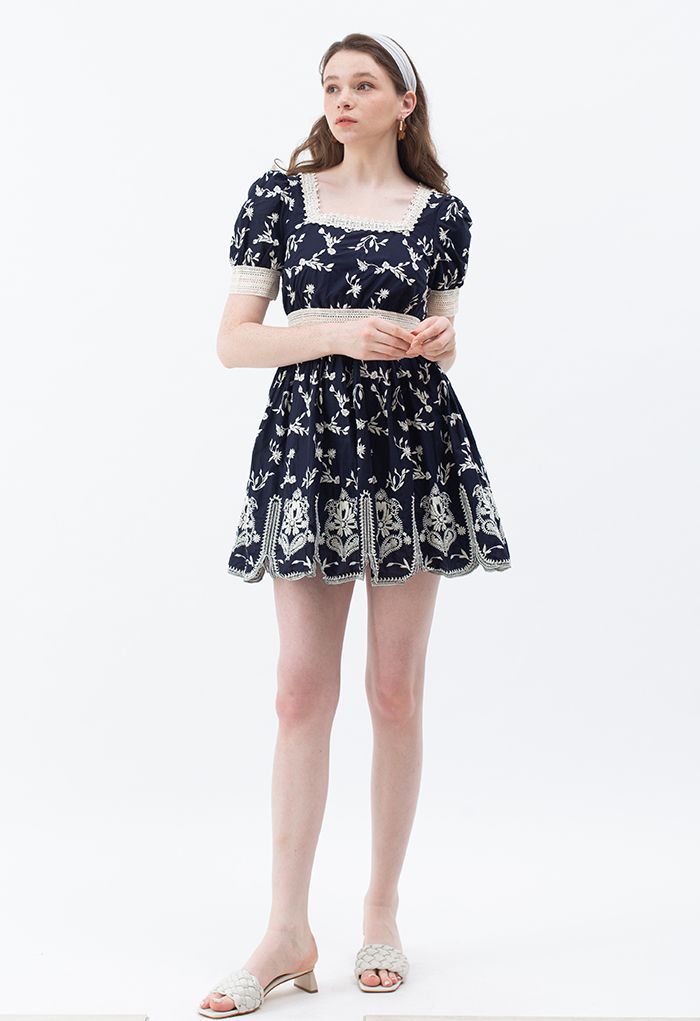 Cutie Daisy Embroidered Square Neck Mini Dress in Navy