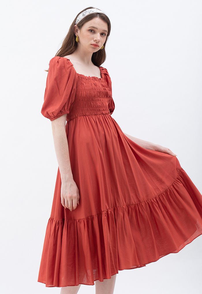 Square Neck Puff Sleeve Shirred Dress in Rust Red