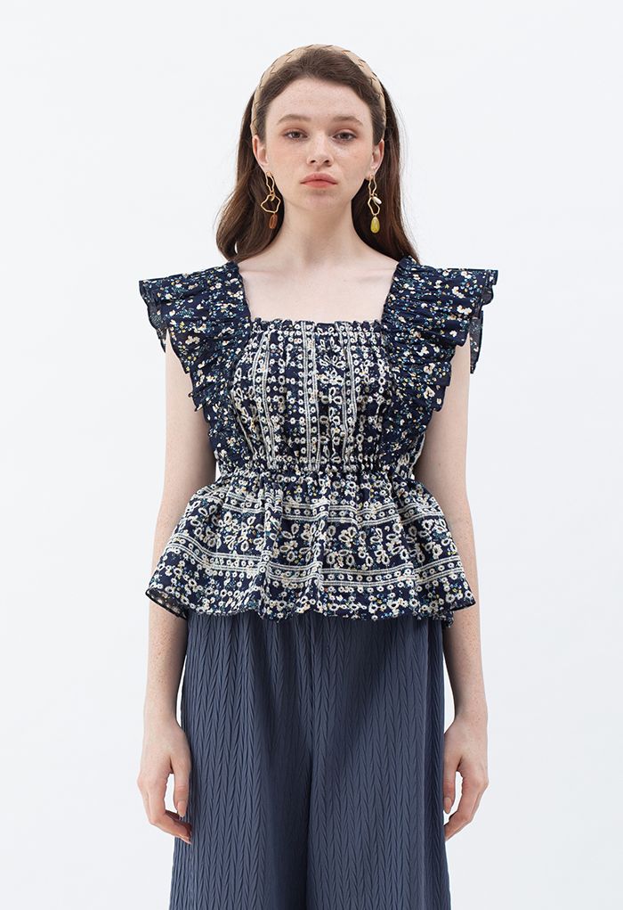 Floret Print Ruffle Embroidered Sleeveless Top in Navy