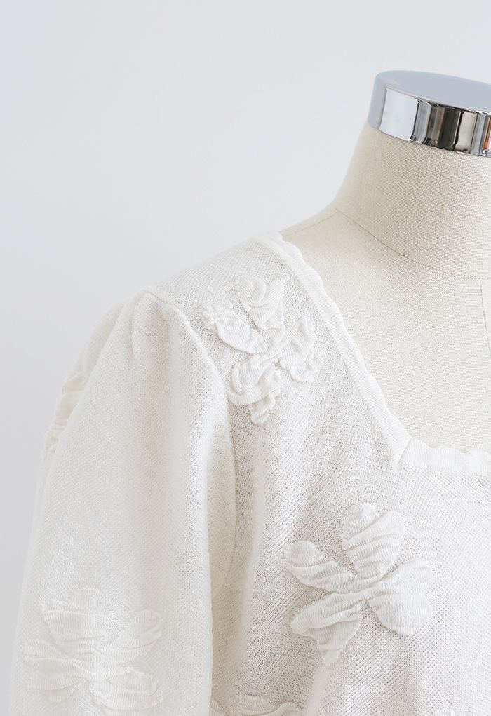 Embossed Butterfly Button Down Knit Cardigan in White