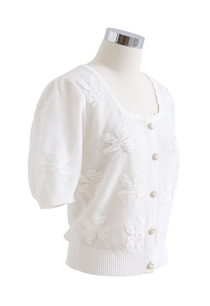 Embossed Butterfly Button Down Knit Cardigan in White