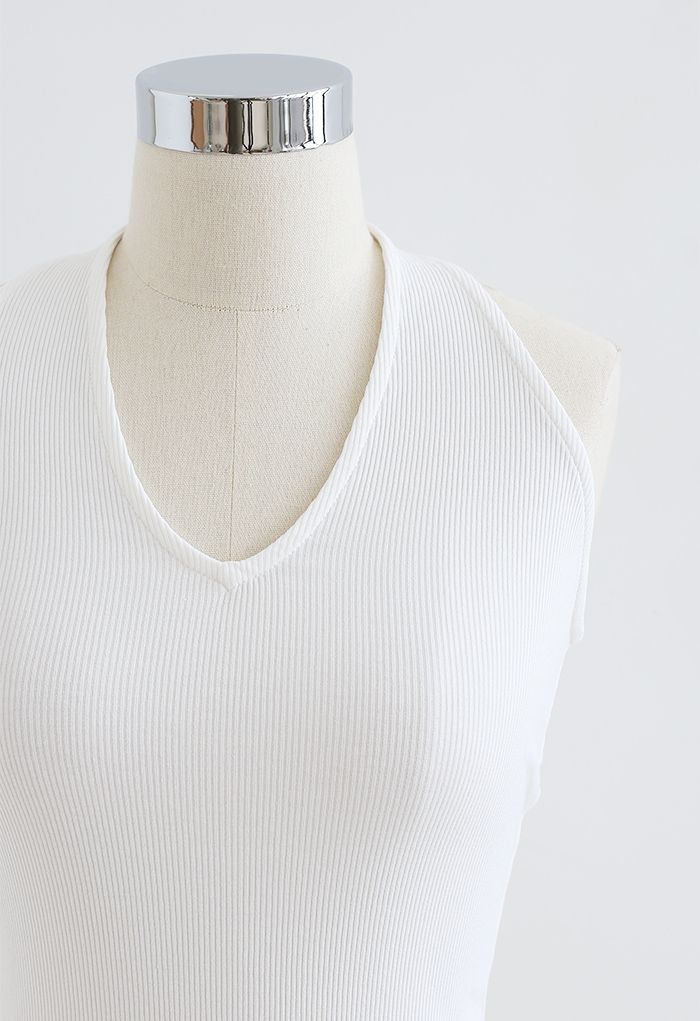 V-Neck Sleeveless Knit Fitted Tank Top in White