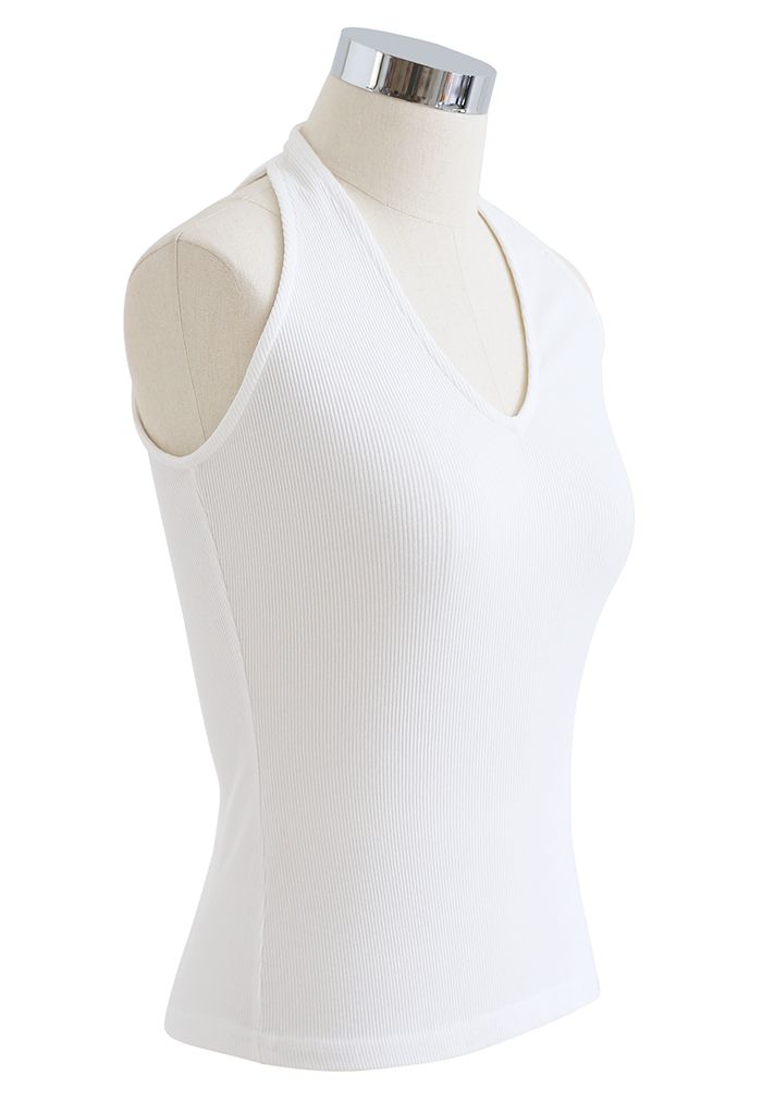 V-Neck Sleeveless Knit Fitted Tank Top in White