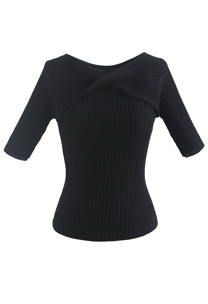 Dual-Use Twist Fitted Knit Top in Black